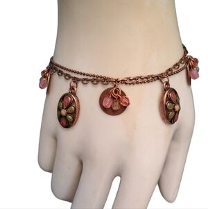 Copper Tone Steel Enamel Floral & Bead Charm Bracelet
